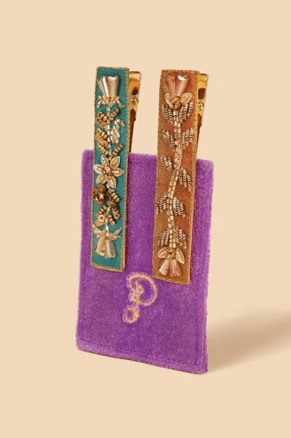 Floral Vines Jeweled Bar Hairclips  Turq/ Must