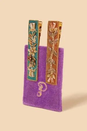 Floral Vines Jeweled Bar Hairclips  Turq/ Must
