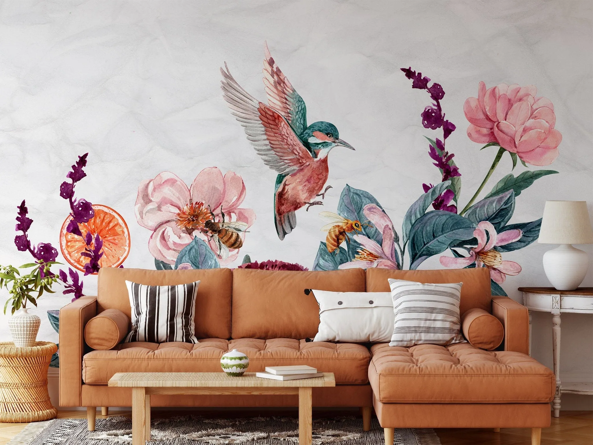 Flying Birds with Flower Bouquet Wallpaper Mural