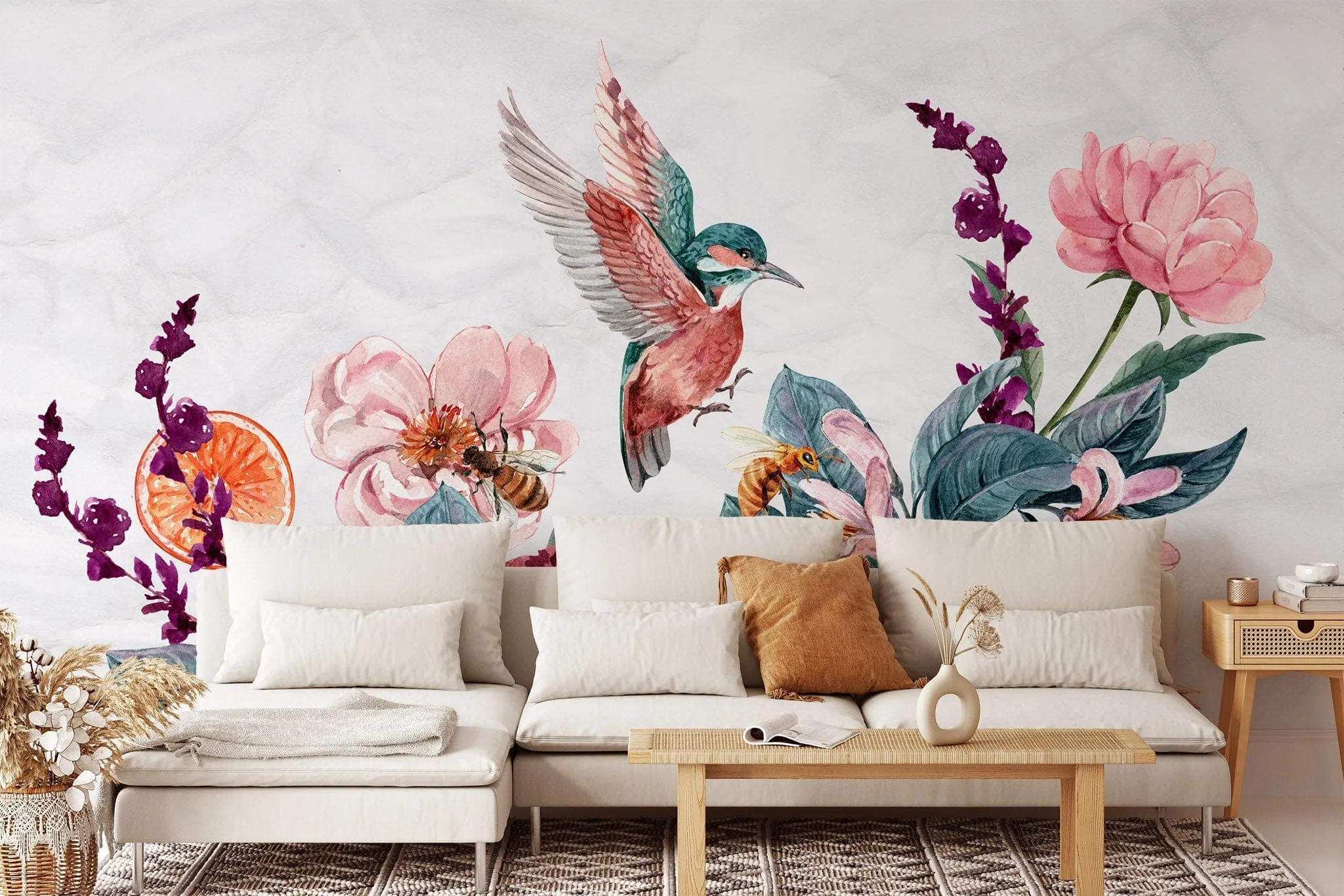 Flying Birds with Flower Bouquet Wallpaper Mural
