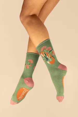 Fox in a Meadow Ankle Socks Sage