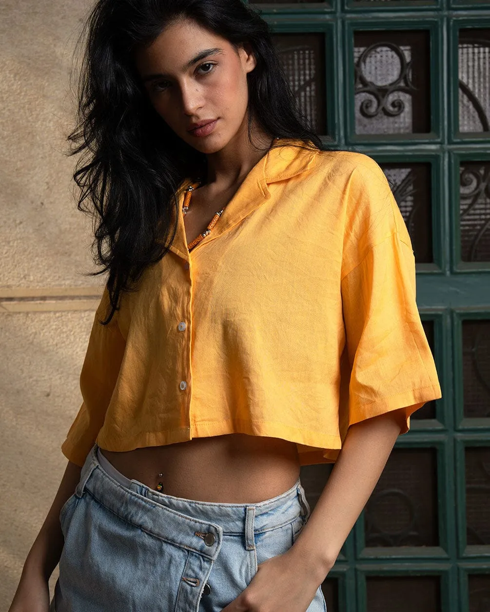 Pastel Orange Cropped Camp Shirt