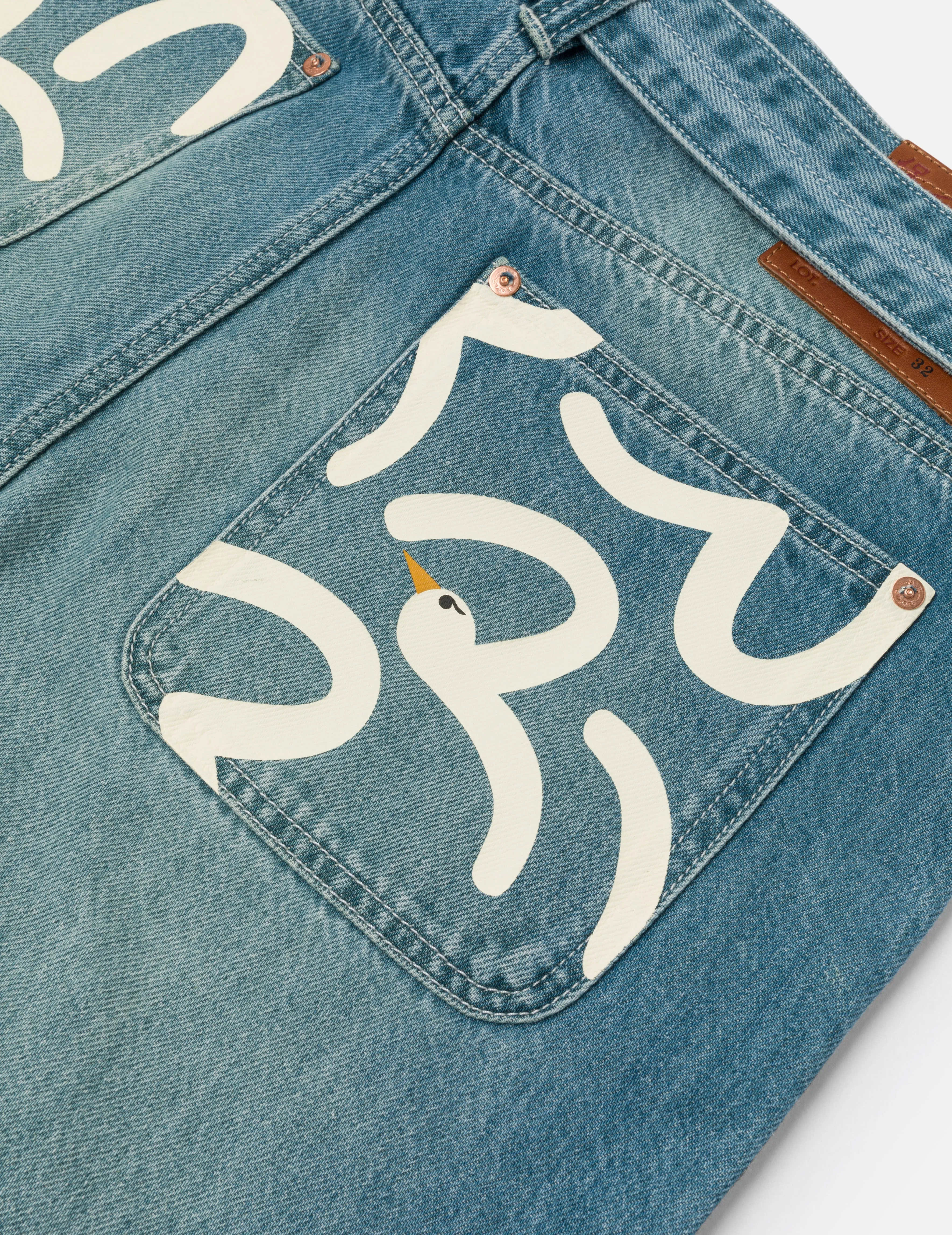 Playful Seagull Print Pocket Loose Fit Jeans #2038
