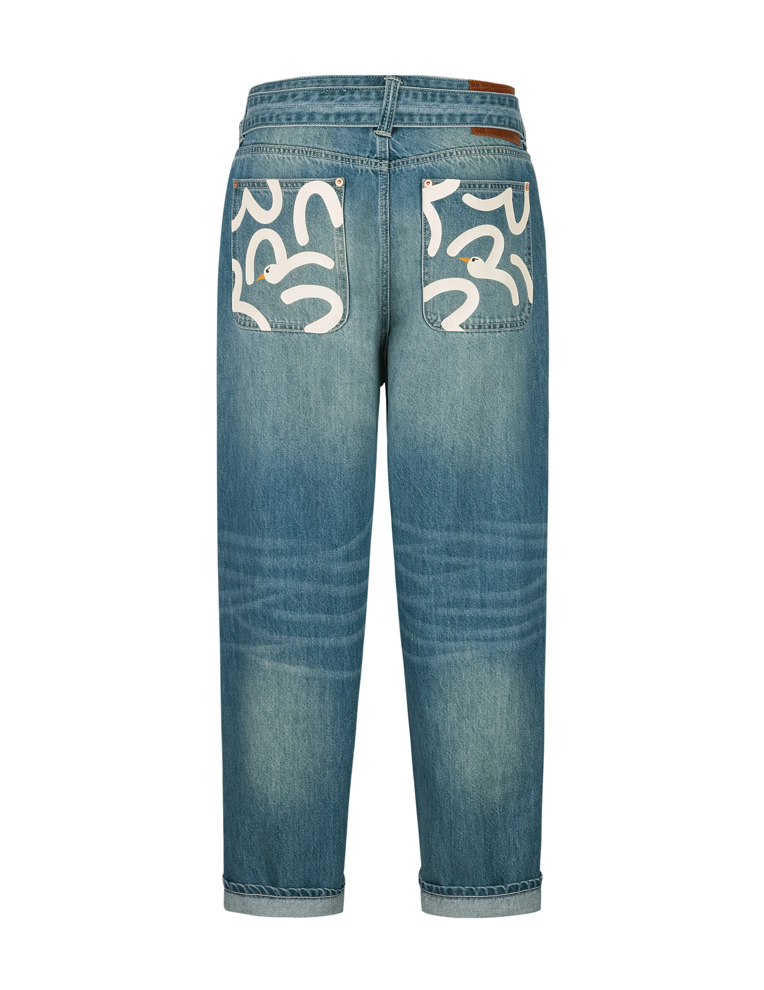 Playful Seagull Print Pocket Loose Fit Jeans #2038