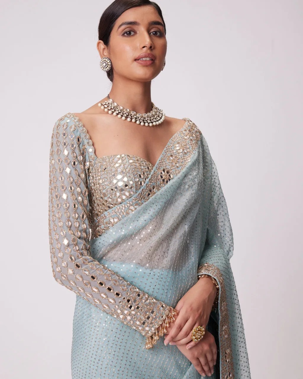 Powder Blue Organza Sari Set